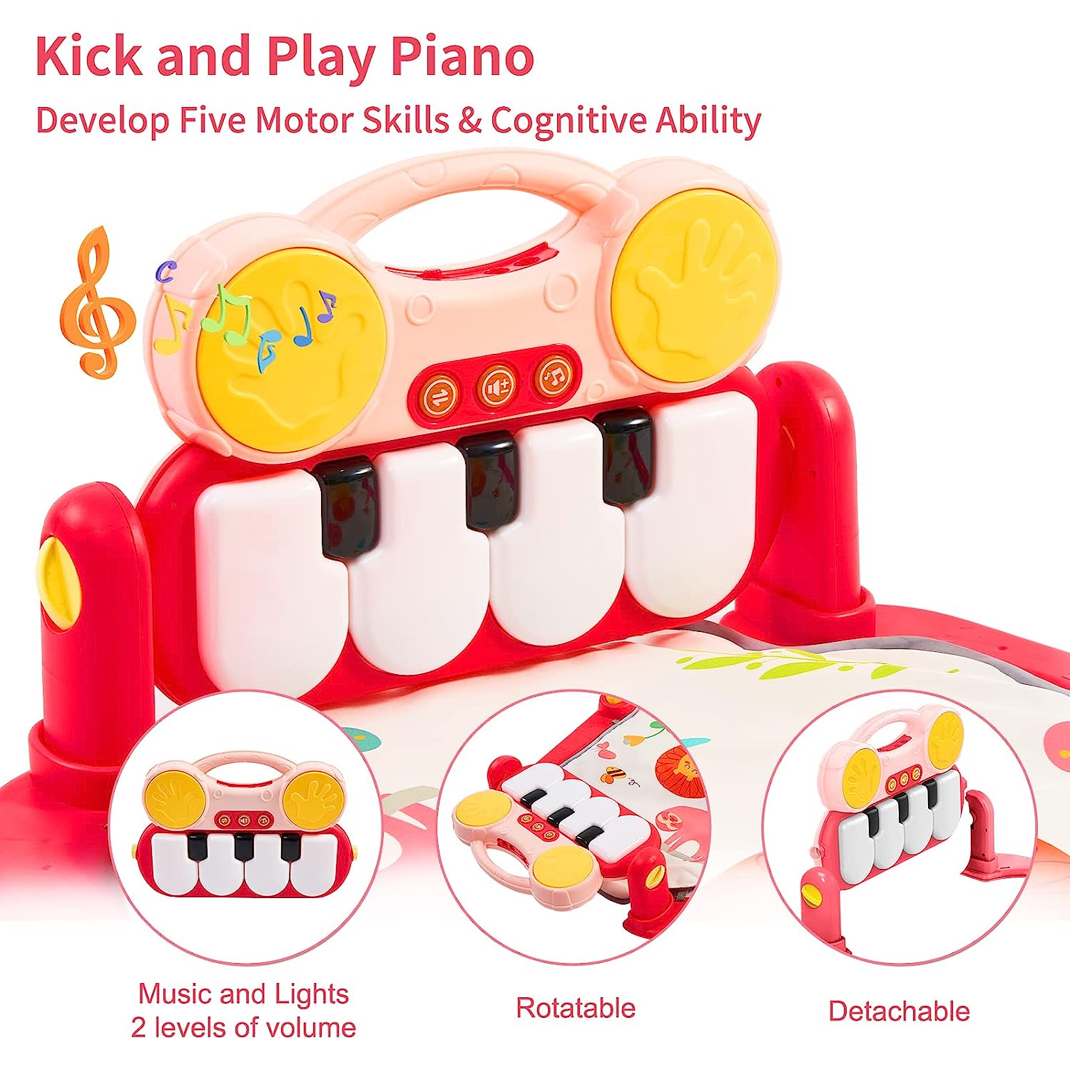 Eners Baby Gyms Play Mats Musical Activity Center Baby Piano Gym Mat Tummy Time Padded Mat for Newborn Toddler Infants(Red) - Image 4